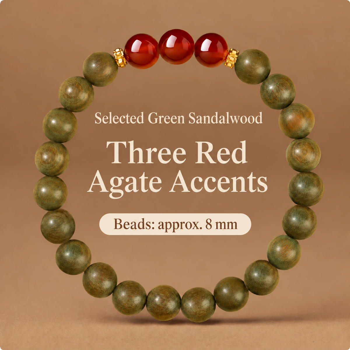 Green sandalwood bracelet: Three Red Agates, 8 mm