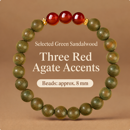 Green sandalwood bracelet: Three Red Agates, 8 mm