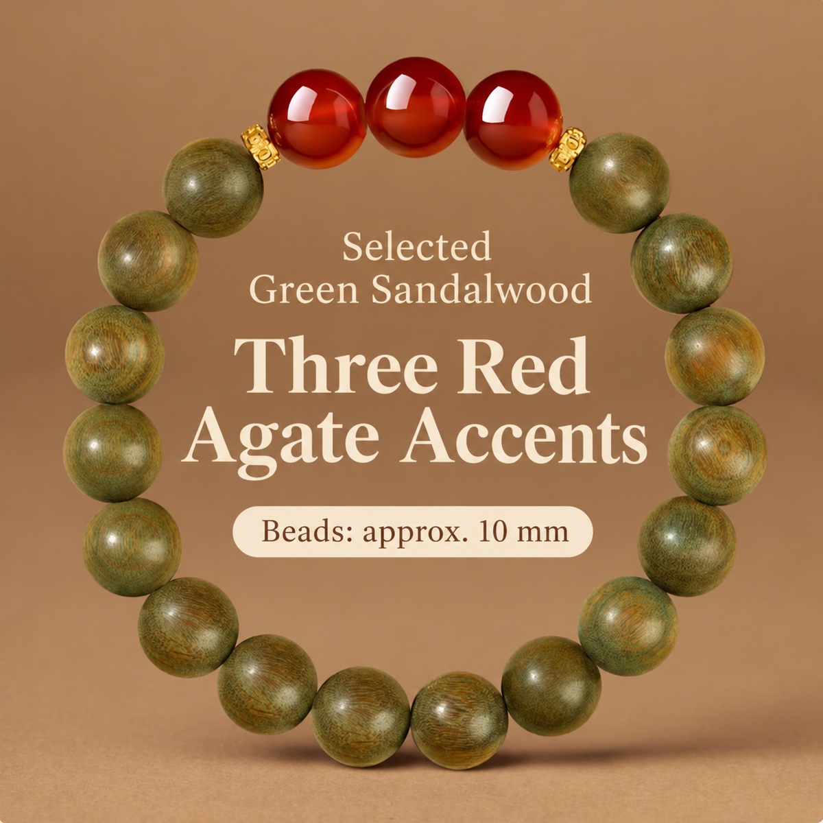 Green sandalwood bracelet: Three Red Agates, 10 mm