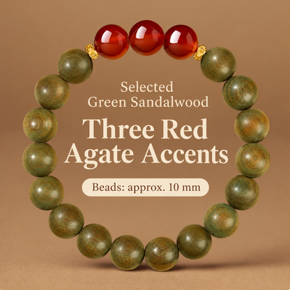 Green sandalwood bracelet: Three Red Agates, 10 mm