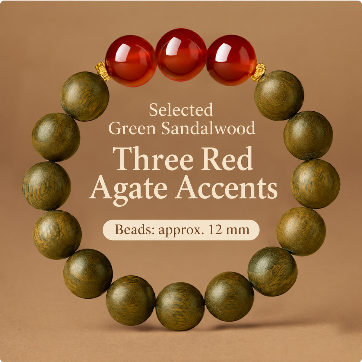 Green sandalwood bracelet: Three Red Agates, 12 mm