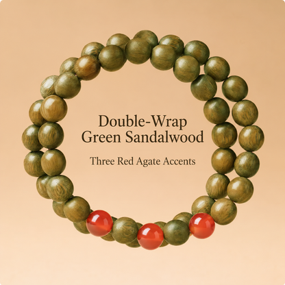 Green sandalwood bracelet: Double-Wrap · Three Red Agates, available in multiple bead sizes