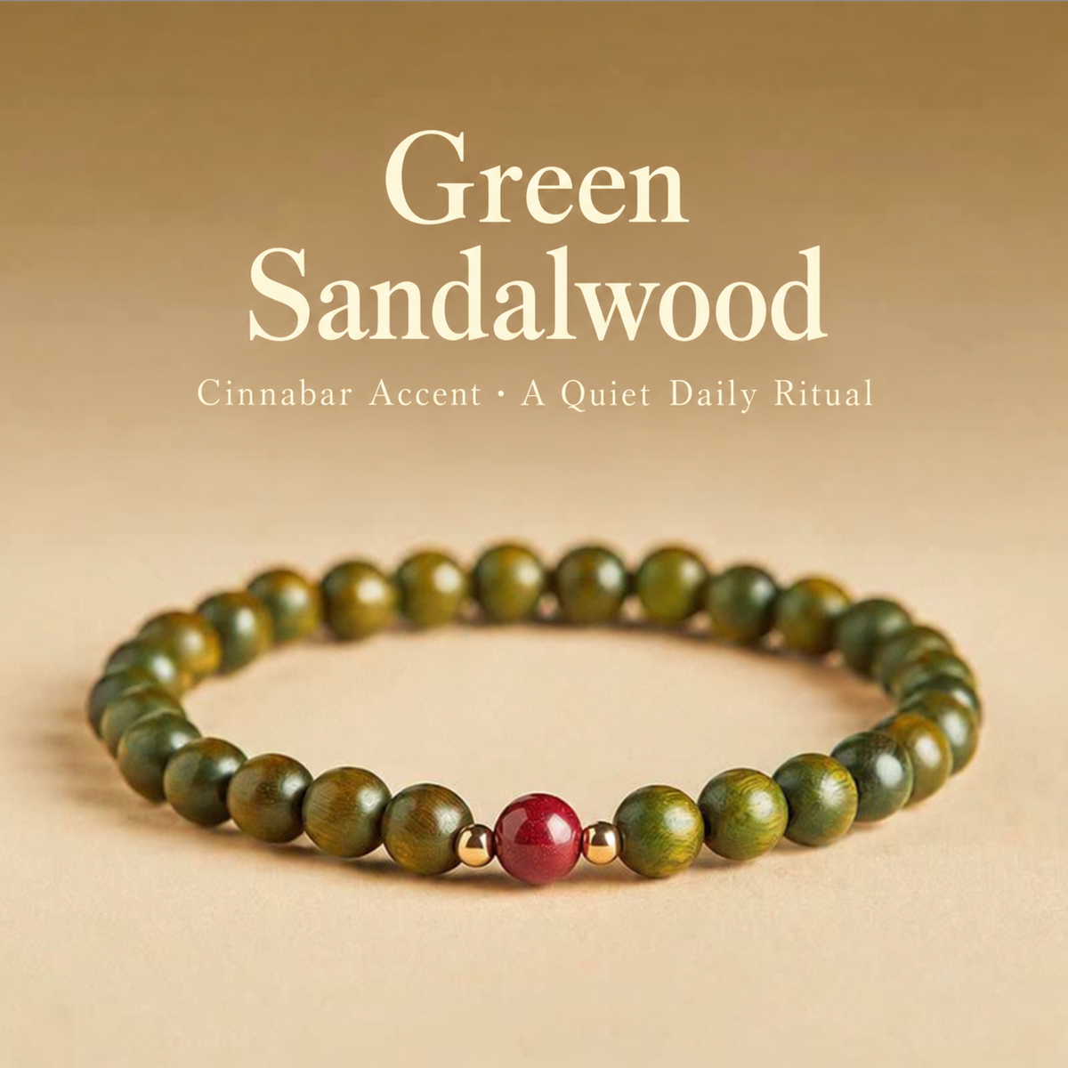 Green sandalwood bracelet with cinnabar accent for a quiet daily ritual