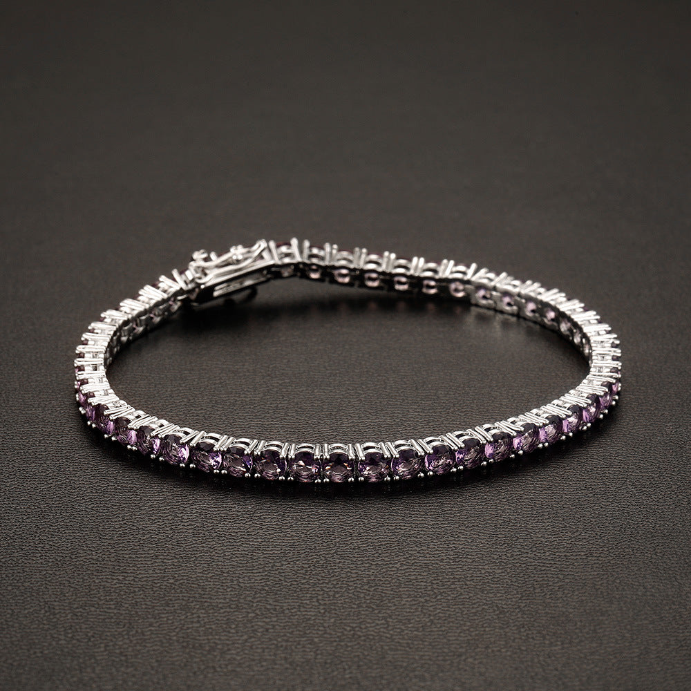 Lavender zircon tennis bracelet showing individual stone settings