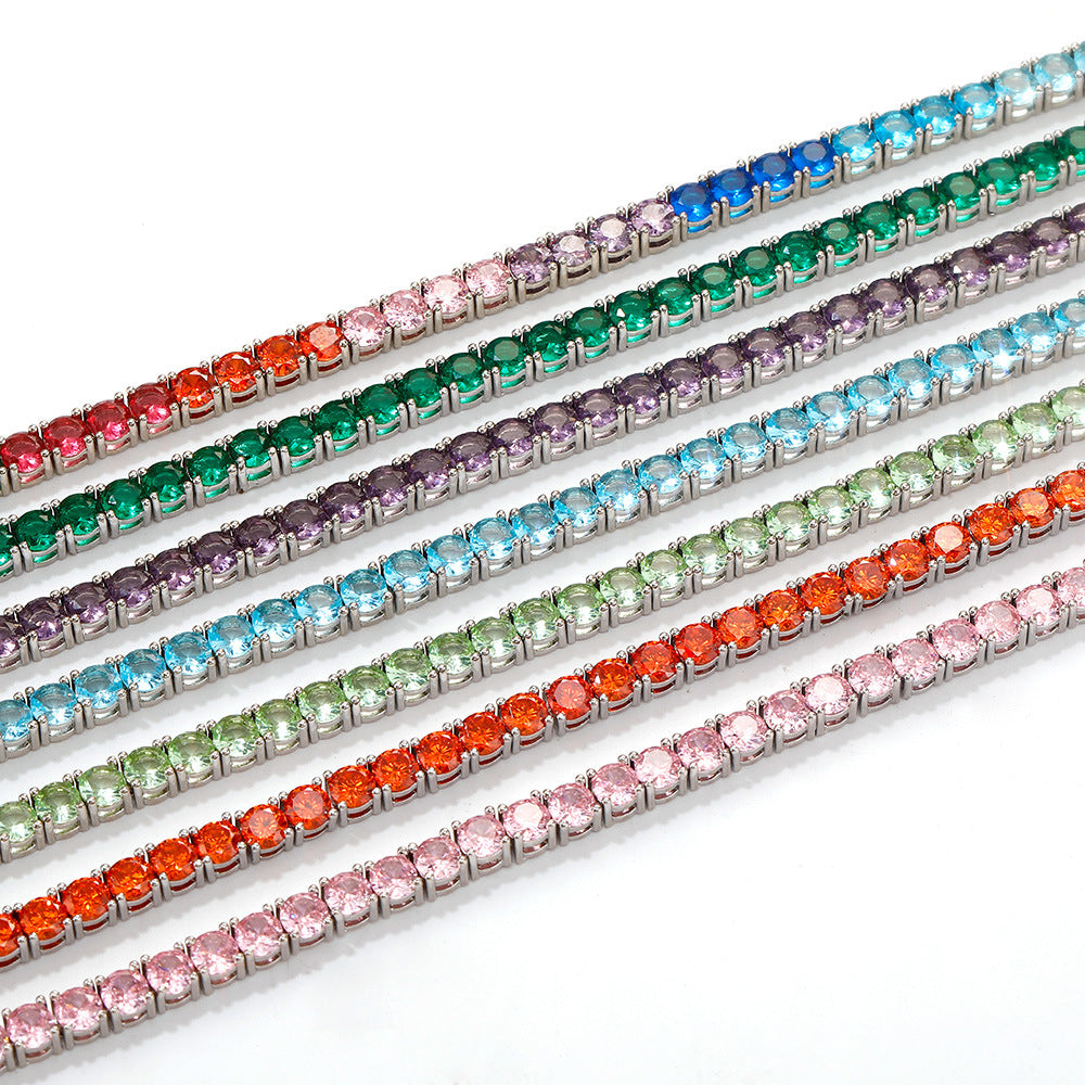 Colored zircon tennis-chain bracelets showing color choices