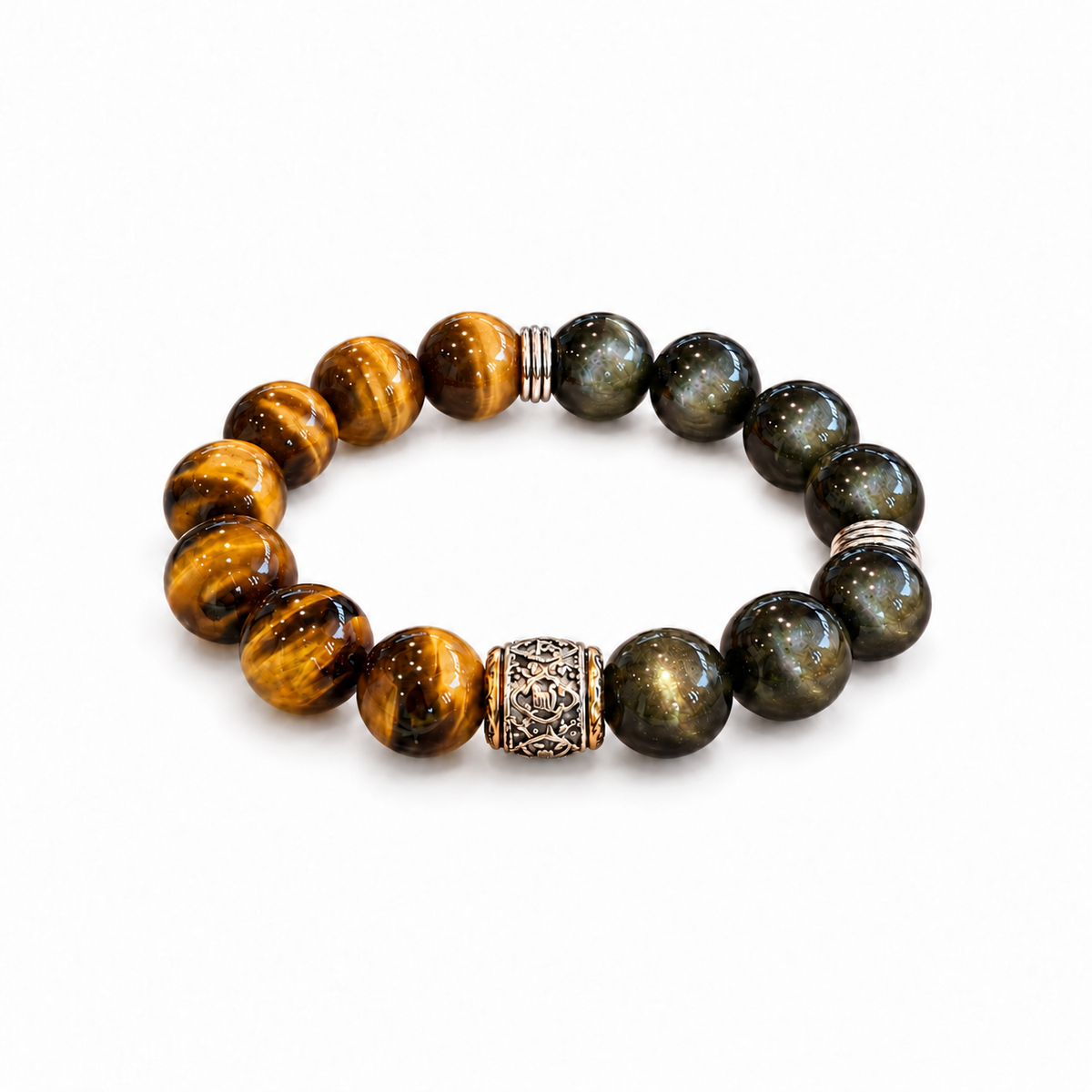 Tiger eye and sheen obsidian bracelet with ornate center bead on white