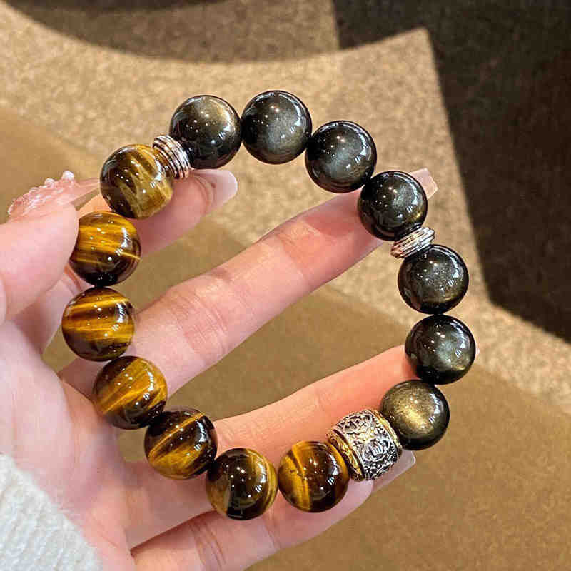 Tiger eye and sheen obsidian two-tone bracelet actual product photo