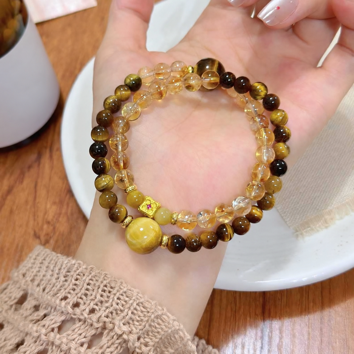 Tiger eye double-wrap bracelet with golden yellow accent beads