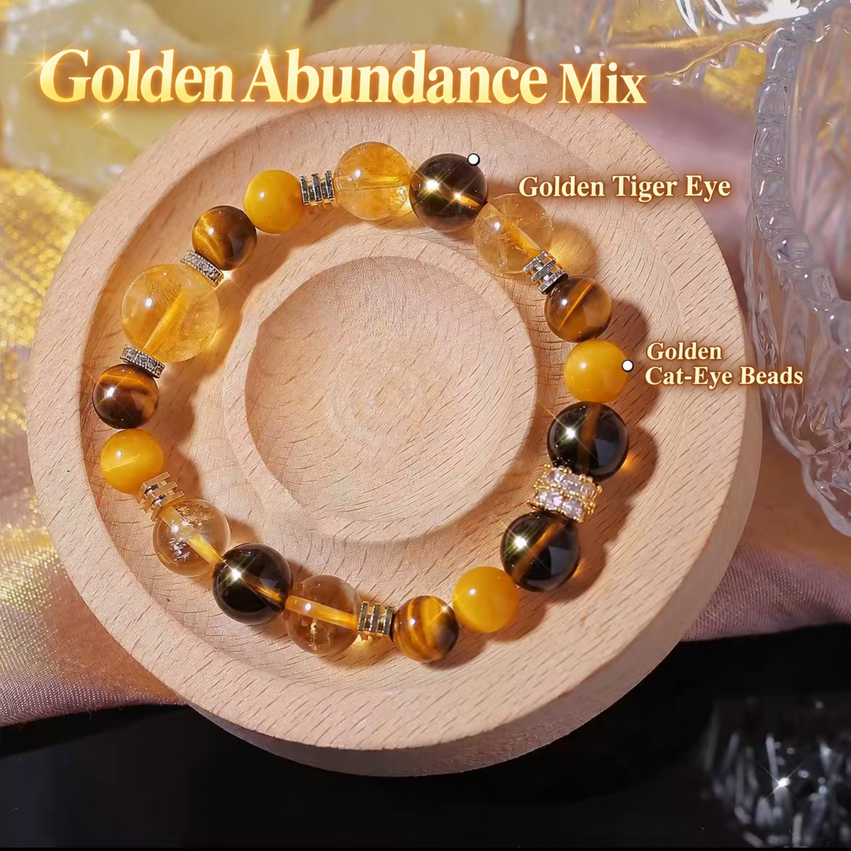 Golden Abundance Mix bracelet with tiger eye and golden cat-eye bead labels