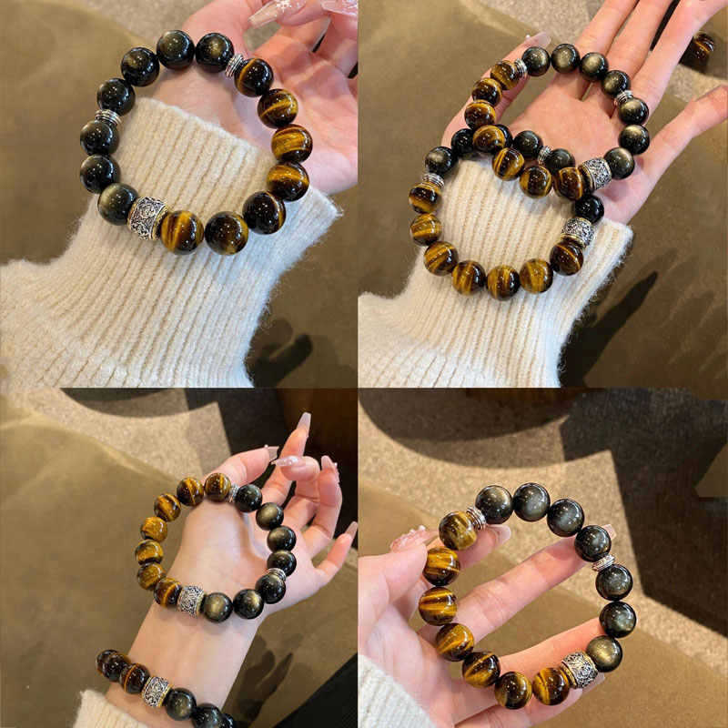 Four views of tiger eye and sheen obsidian bracelet