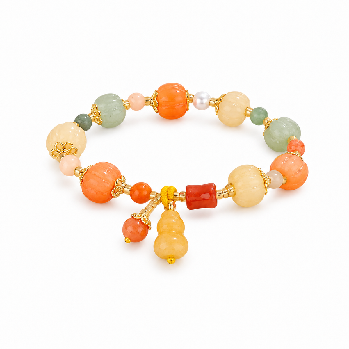 Multicolor carved pumpkin bead bracelet with centered yellow gourd charm on white