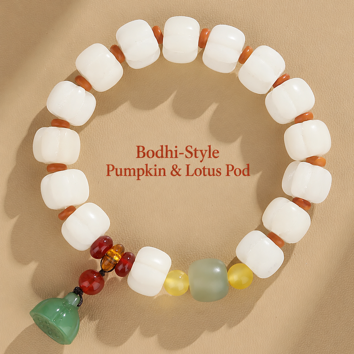 White Bodhi-style pumpkin bracelet with lotus-pod charm