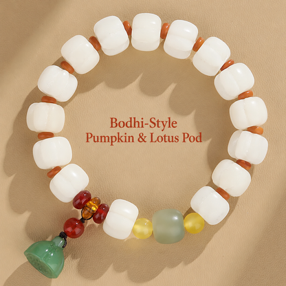 White Bodhi-style pumpkin bracelet with lotus-pod charm