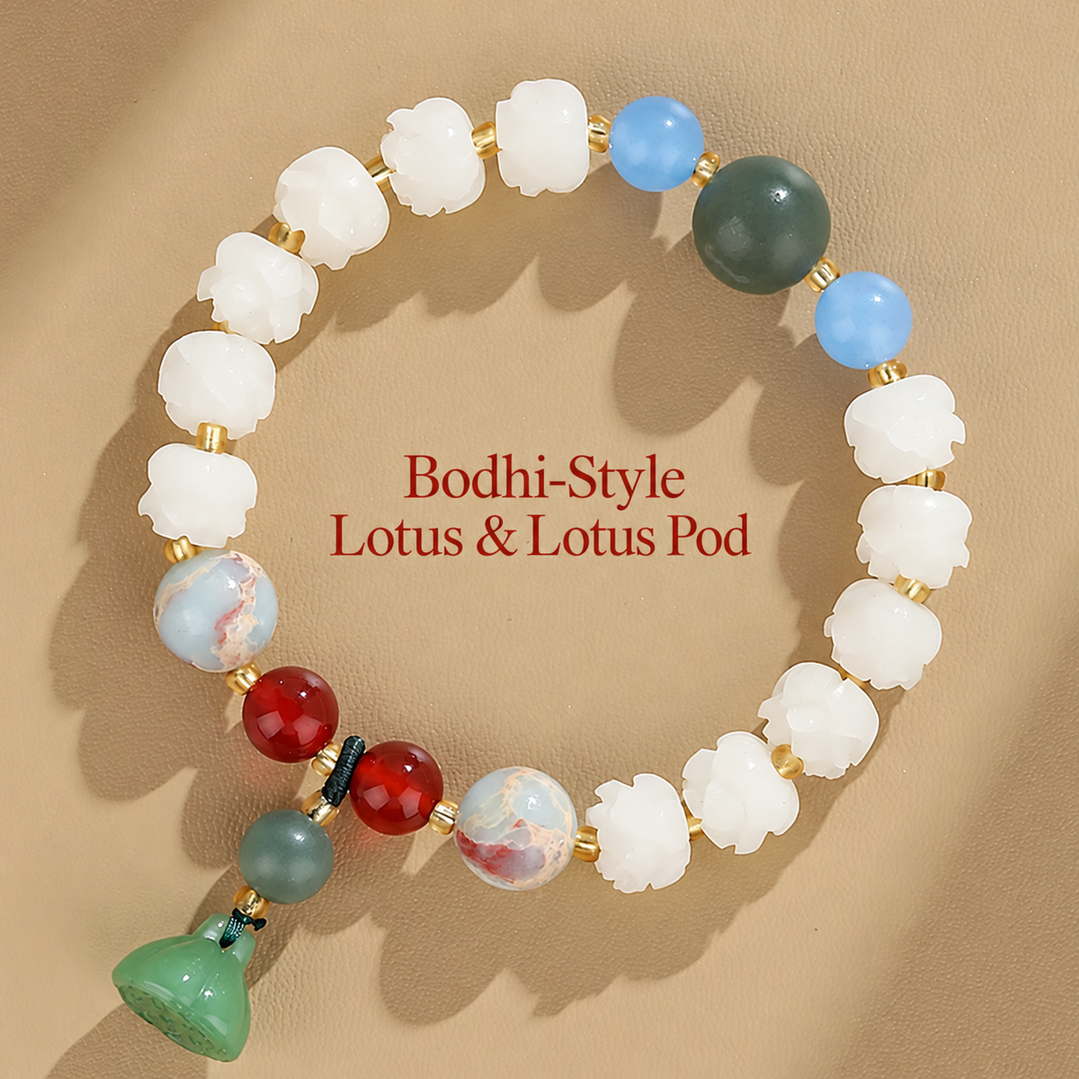 White Bodhi-style lotus bracelet with lotus-pod charm