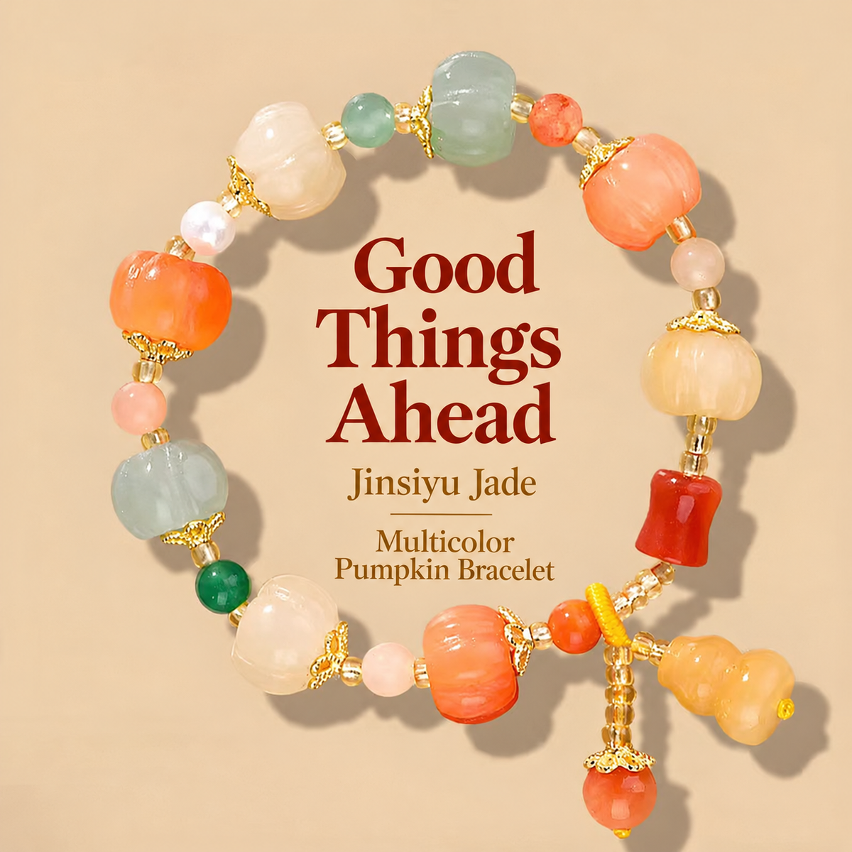 Assorted-color pumpkin bead bracelet detail