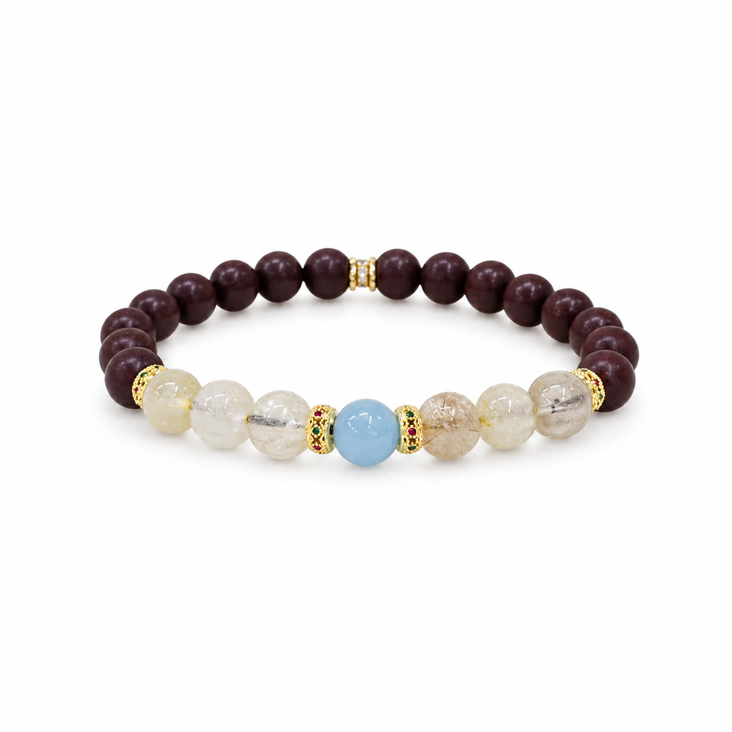 Orchid herbal incense bracelet with golden rutilated quartz and blue chalcedony, 8mm