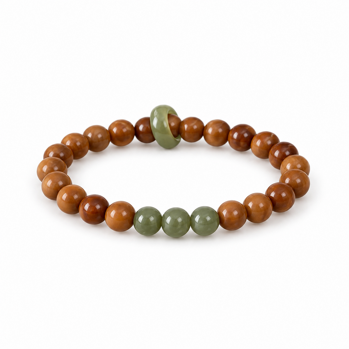 Brown seed bead bracelet with three olive-green Hetian jade beads and a green running ring on white