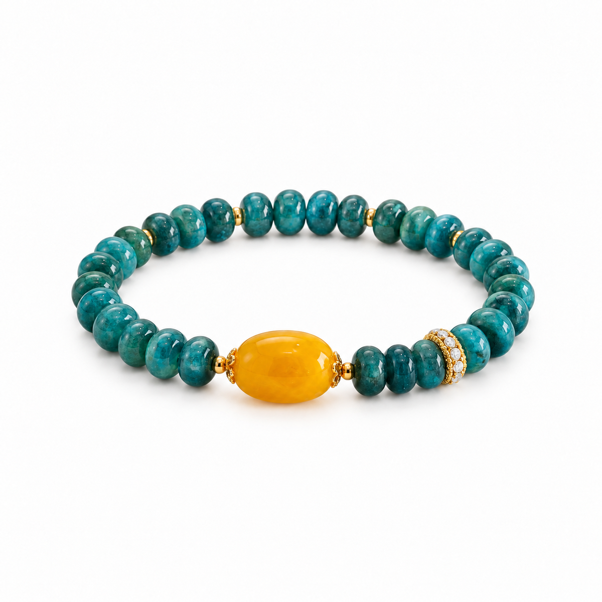 Teal chalcedony rondelle bracelet with yellow agate barrel centerpiece on white