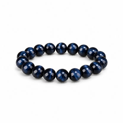 6A blue tiger eye single-wrap bracelet on white background