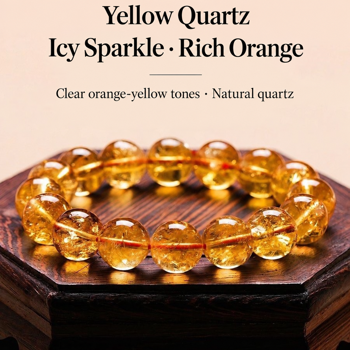 Yellow quartz bead bracelet on a wooden display with English text