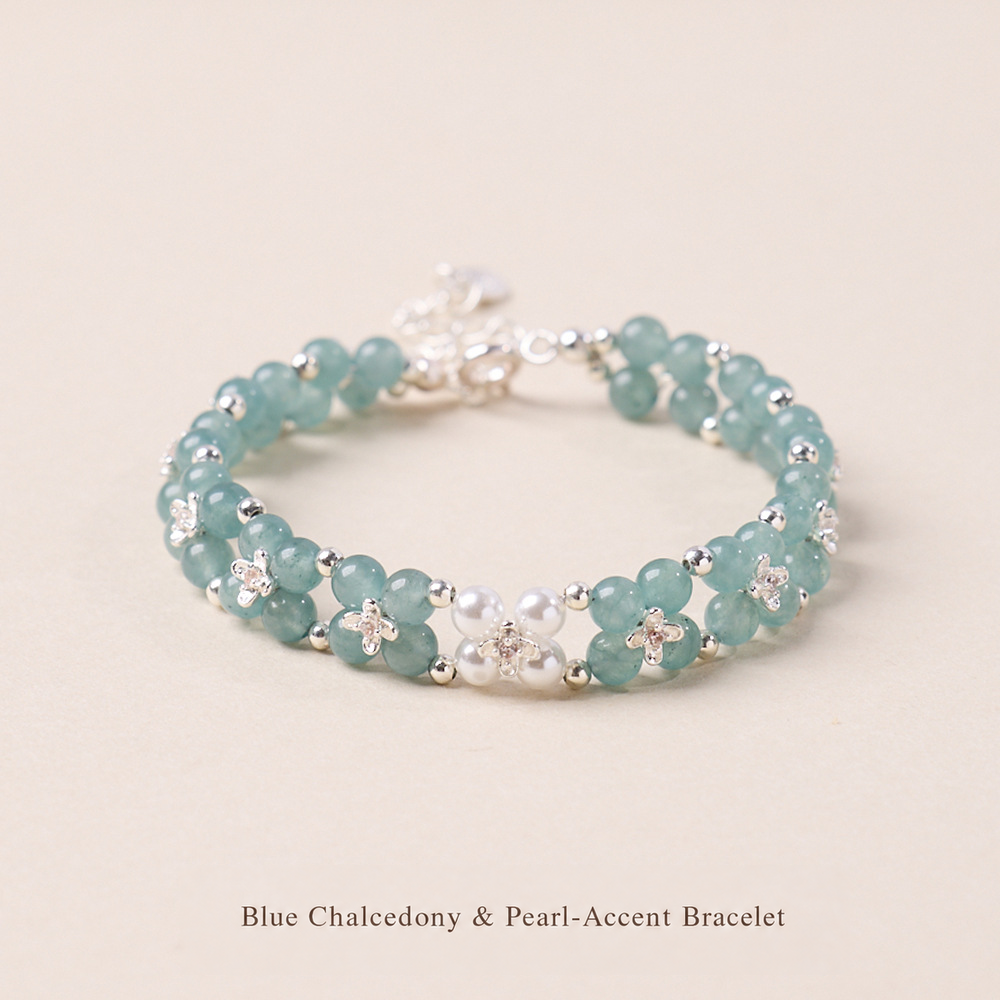 Blue chalcedony and pearl-accent bracelet with silver-tone flowers