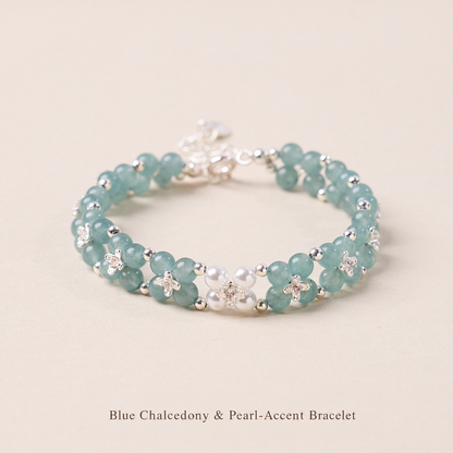 Blue chalcedony and pearl-accent bracelet with silver-tone flowers