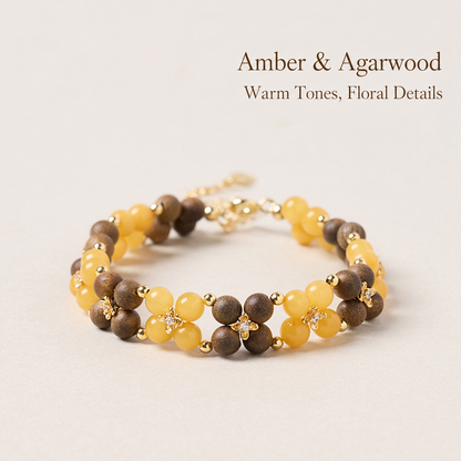 Amber and agarwood floral bracelet