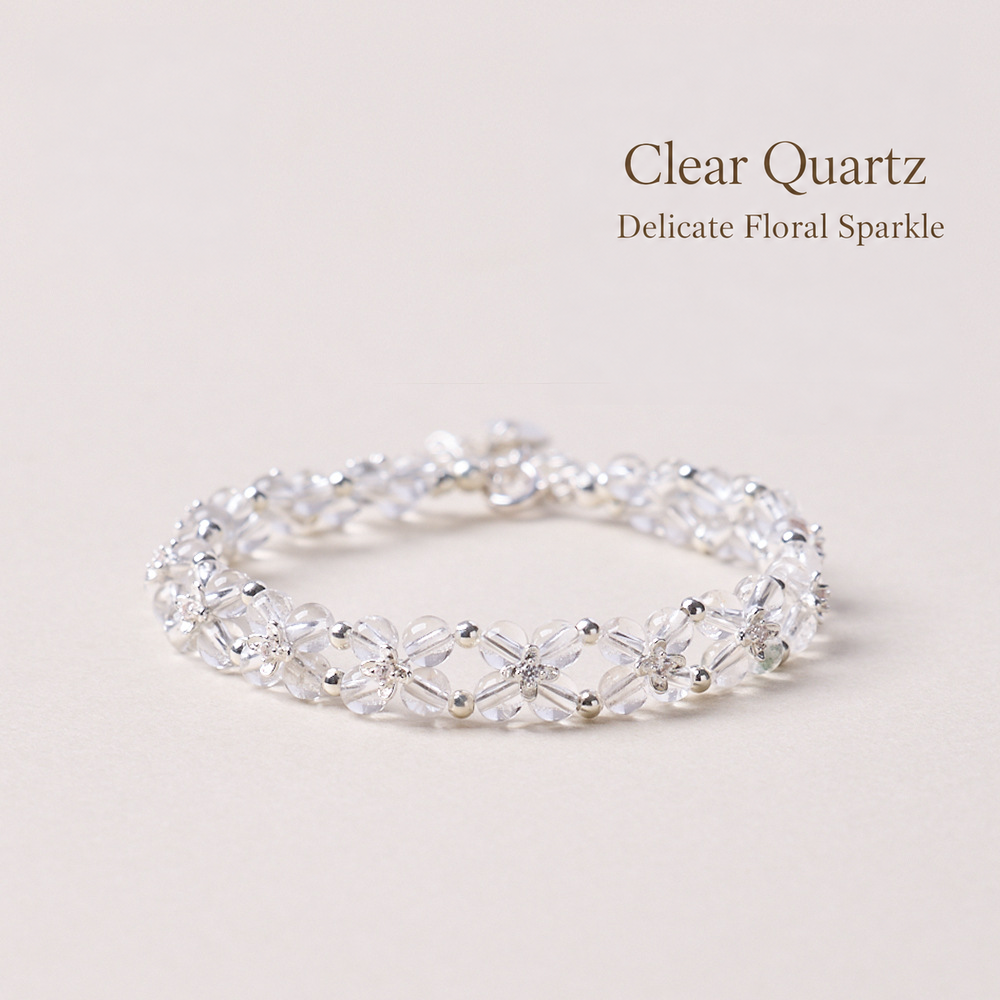 Clear quartz double-row bracelet with silver-tone flowers