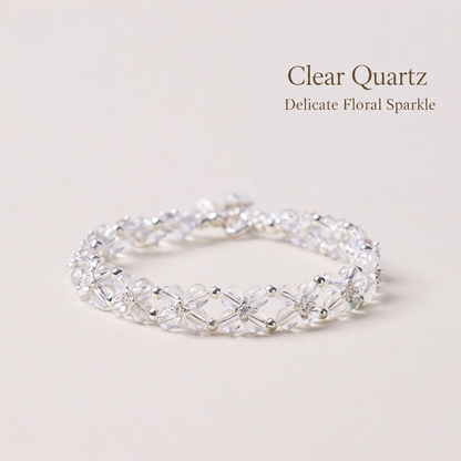 Clear quartz double-row bracelet with silver-tone flowers