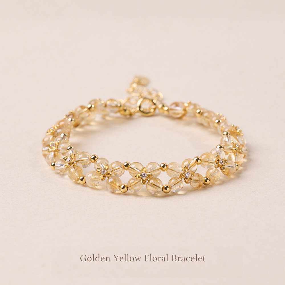Golden yellow beaded double-row floral bracelet