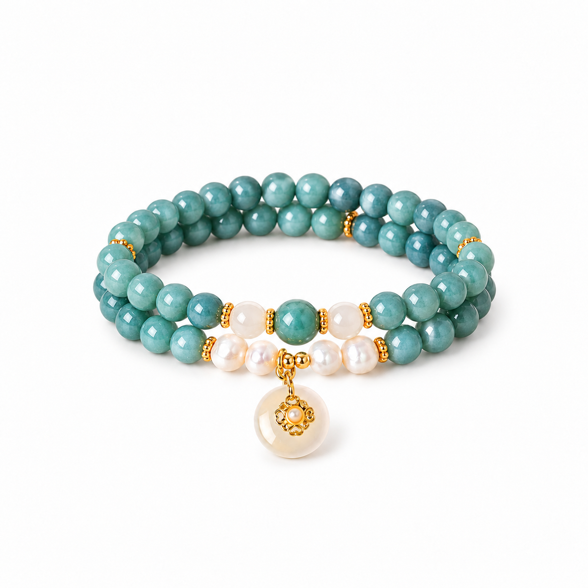 Blue-green jadeite white agate and pearl double-wrap bracelet with floral disc charm on white