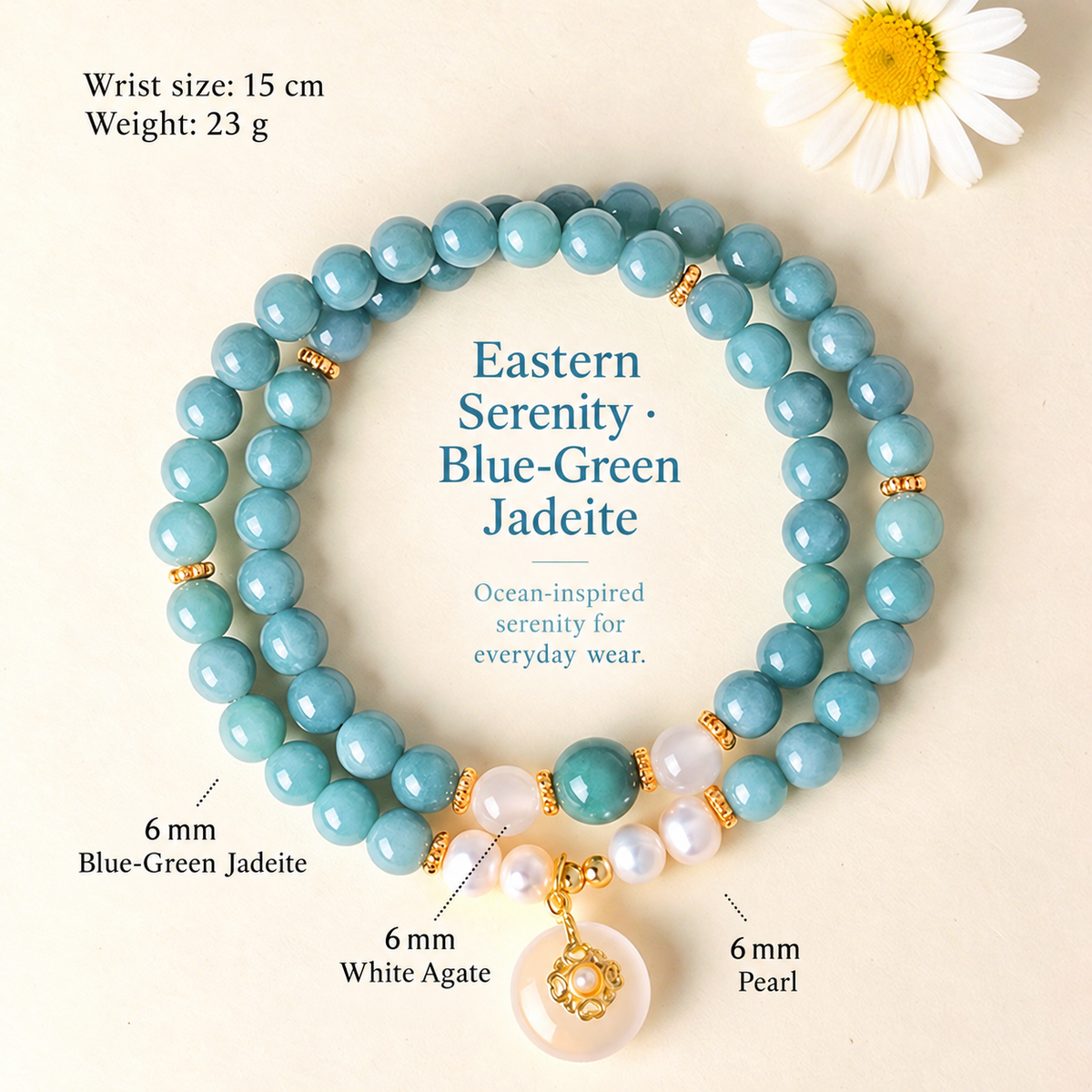 Bracelet bead material and size guide with 15 cm wrist size and 23 g weight