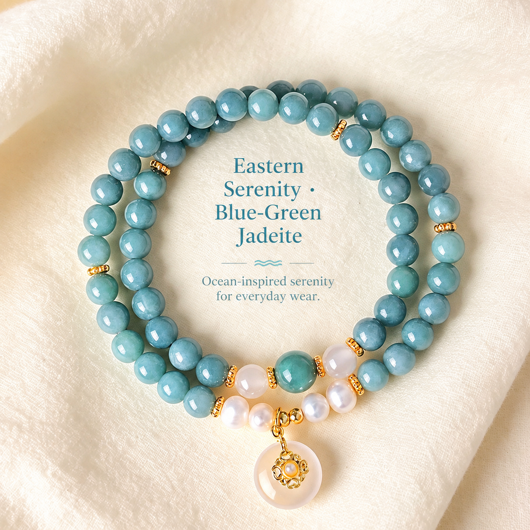 Eastern Serenity blue-green jadeite double-wrap bracelet on soft fabric