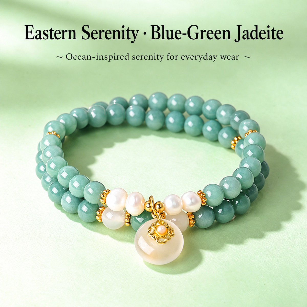 Blue-green jadeite white agate and pearl bracelet with English product text