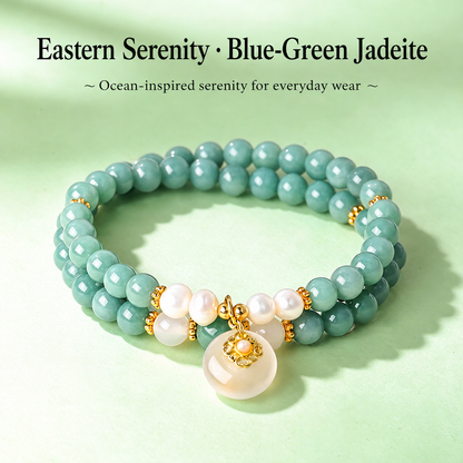 Blue-green jadeite white agate and pearl bracelet with English product text