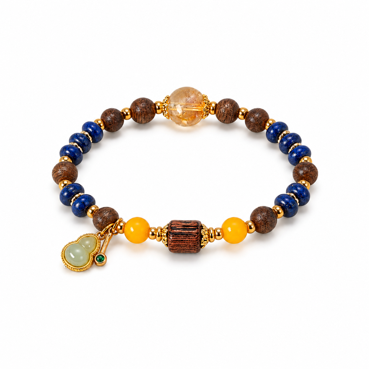 Lapis lazuli and agarwood bracelet with amber beads and a gourd charm on white