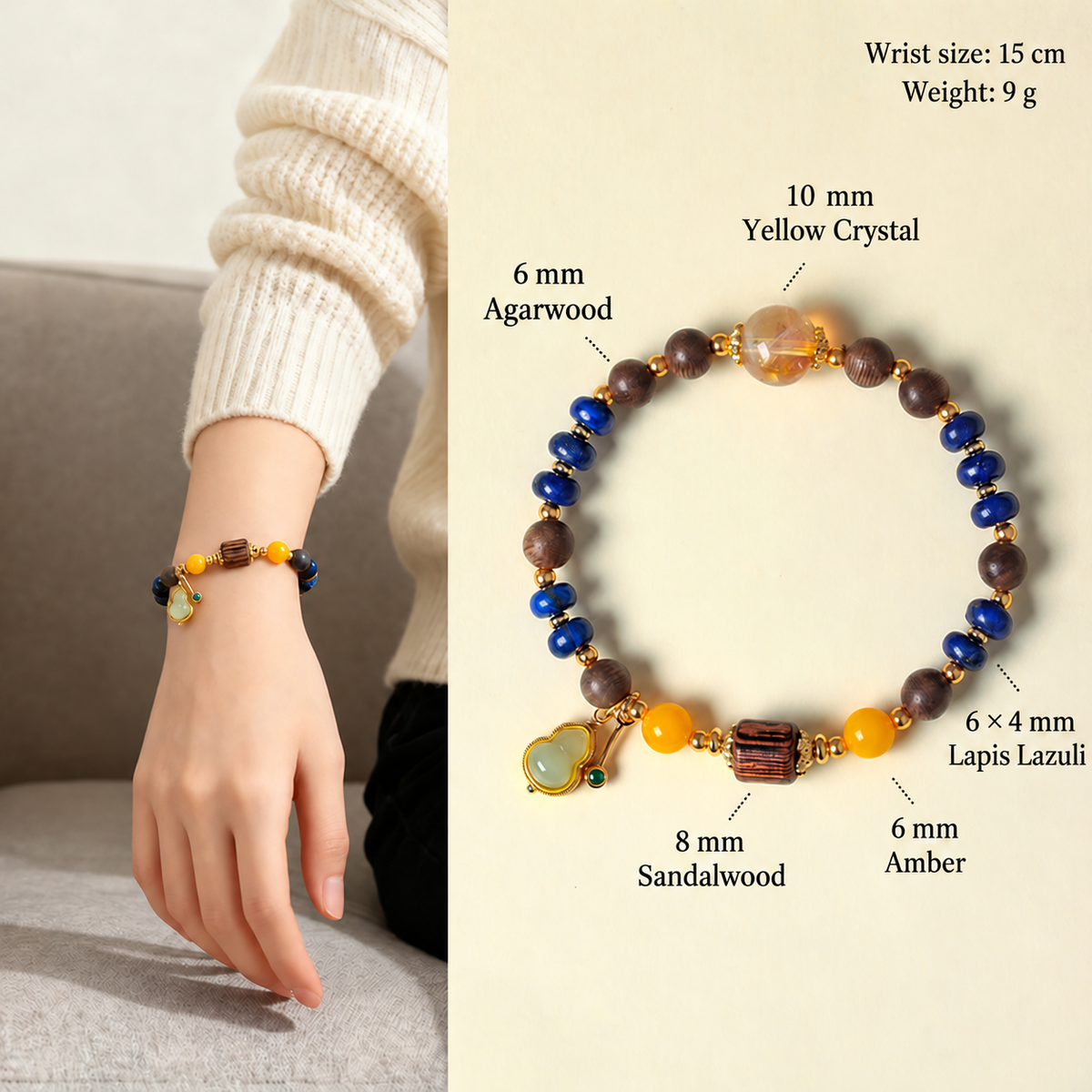 Bracelet material and bead size guide with 15 cm wrist size and 9 g weight