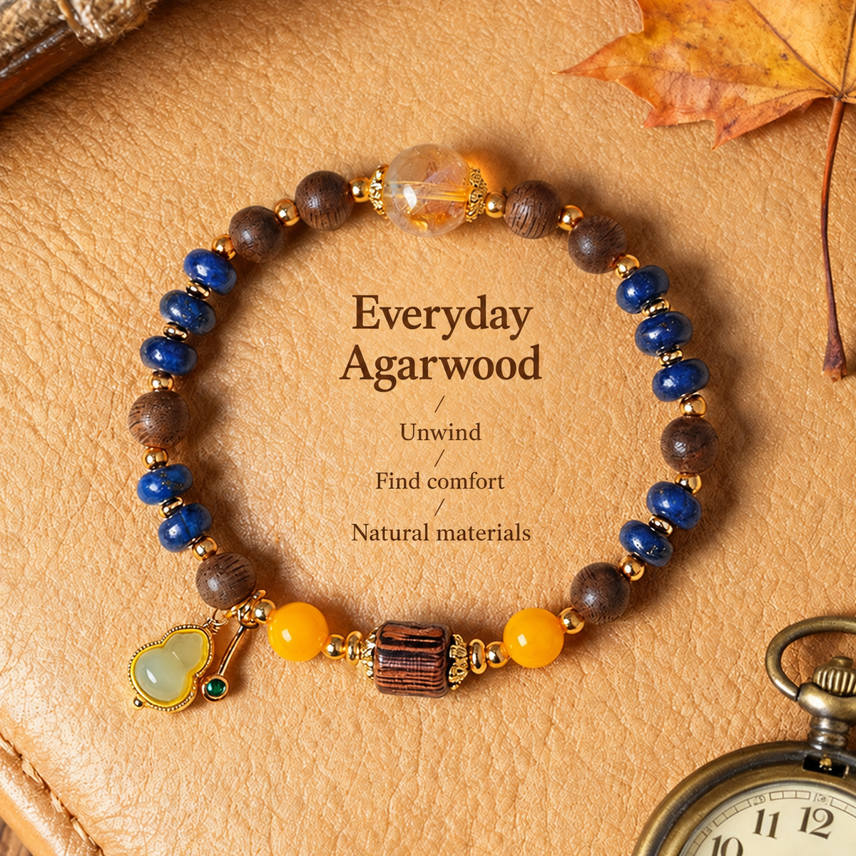 Agarwood and lapis bracelet with gourd charm and English product text