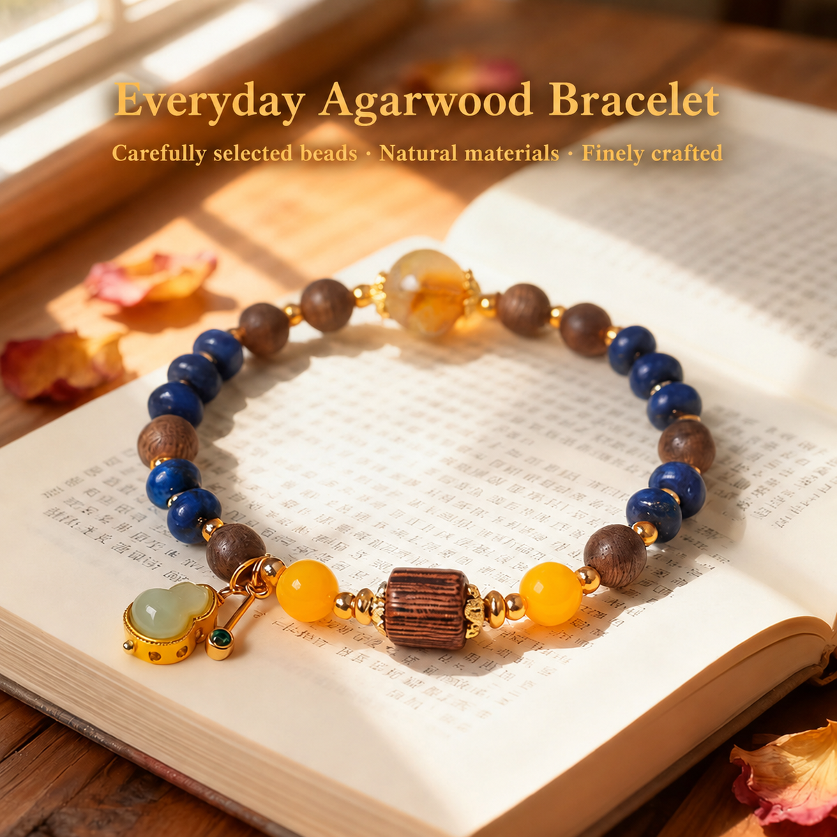 Lapis lazuli and agarwood bracelet displayed on a book