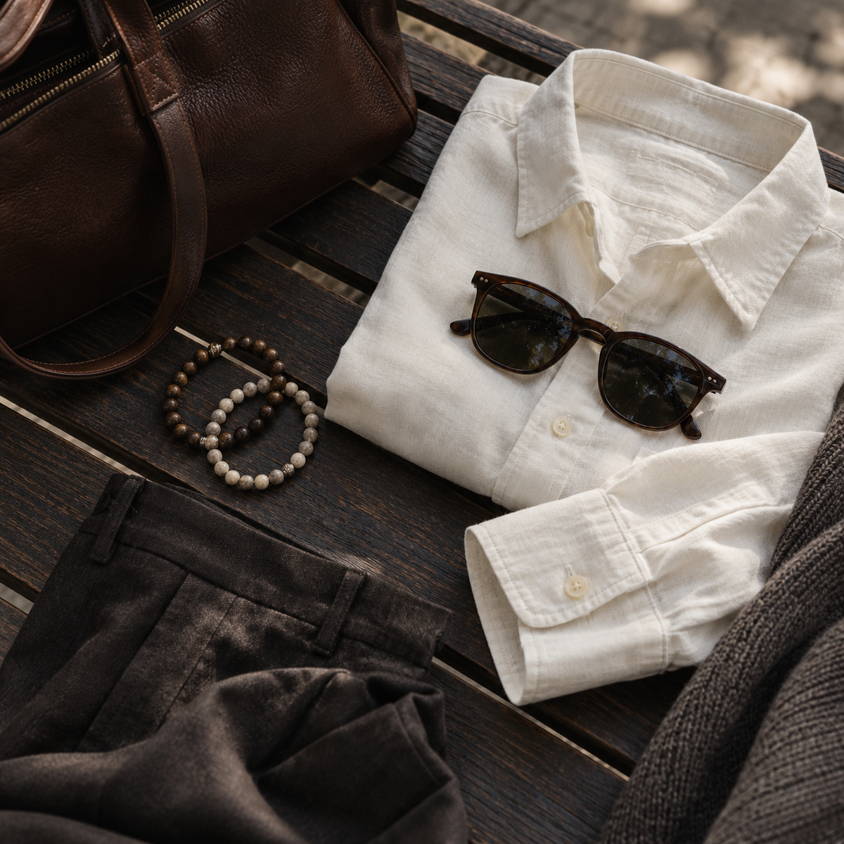 Original editorial outfit flat lay with an ivory shirt, sunglasses and subtle bracelet accessories.