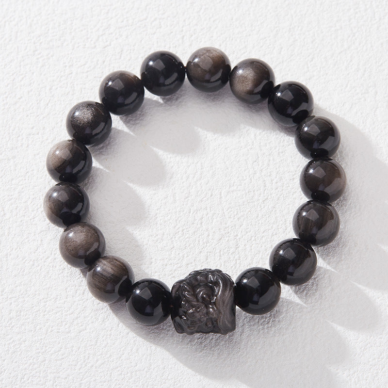 Original 12mm silver-sheen obsidian lion-dance bracelet