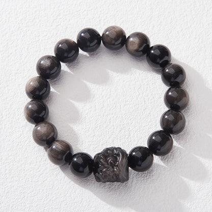 Original 12mm silver-sheen obsidian lion-dance bracelet