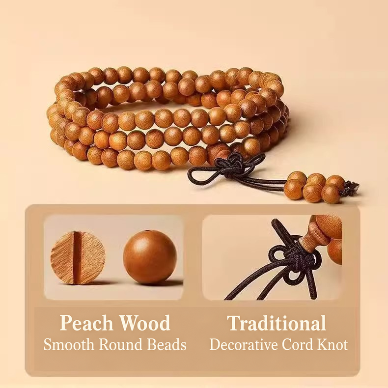 Peach wood beads and decorative cord knot details