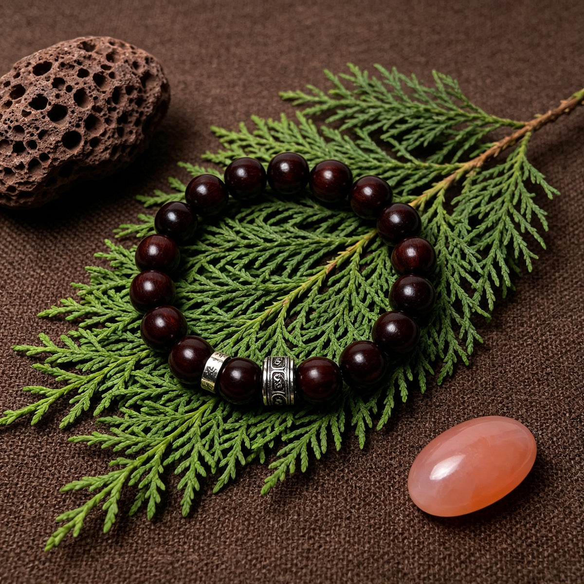 Silver-Tone Mantra Barrel — 12mm red sandalwood bracelet