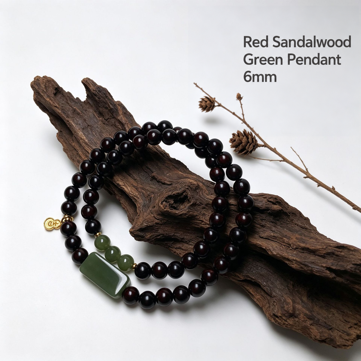 Green Pendant — 6mm red sandalwood bracelet