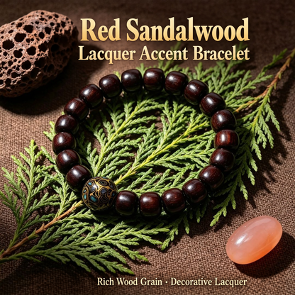 Red sandalwood barrel-bead bracelet with patterned lacquer accent