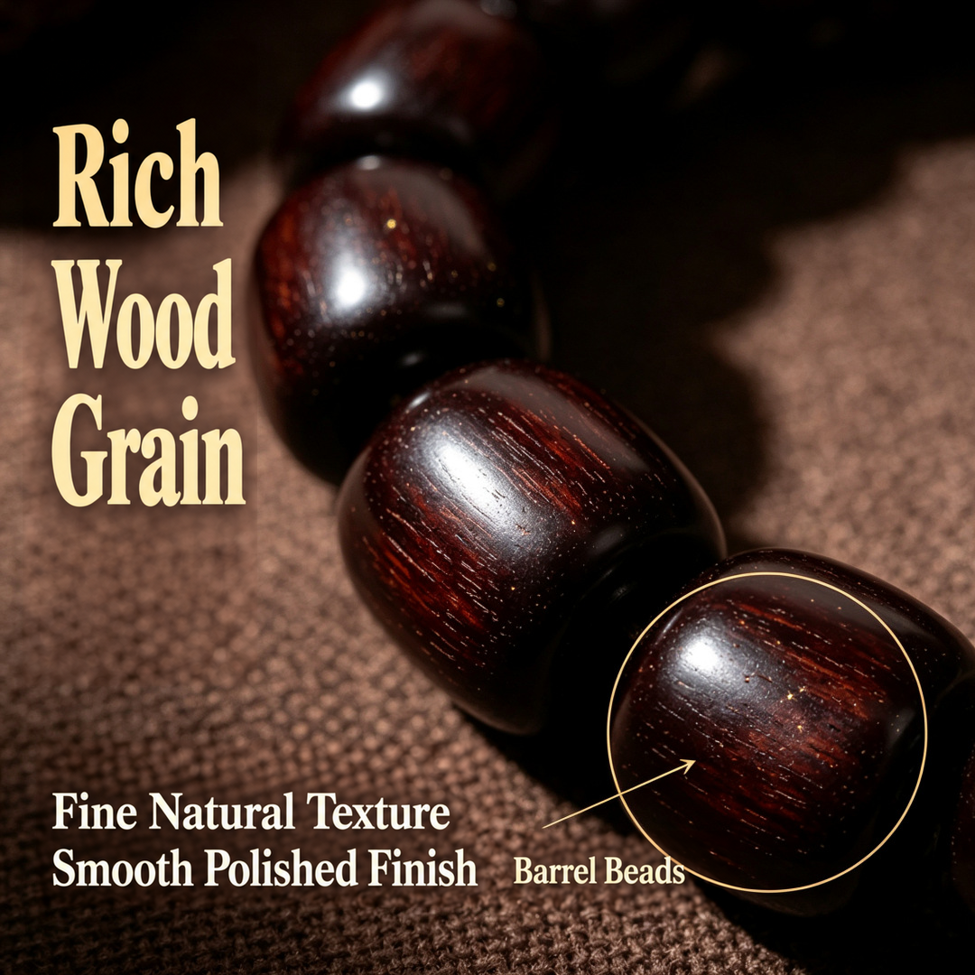 Close-up of red sandalwood grain and polished barrel beads