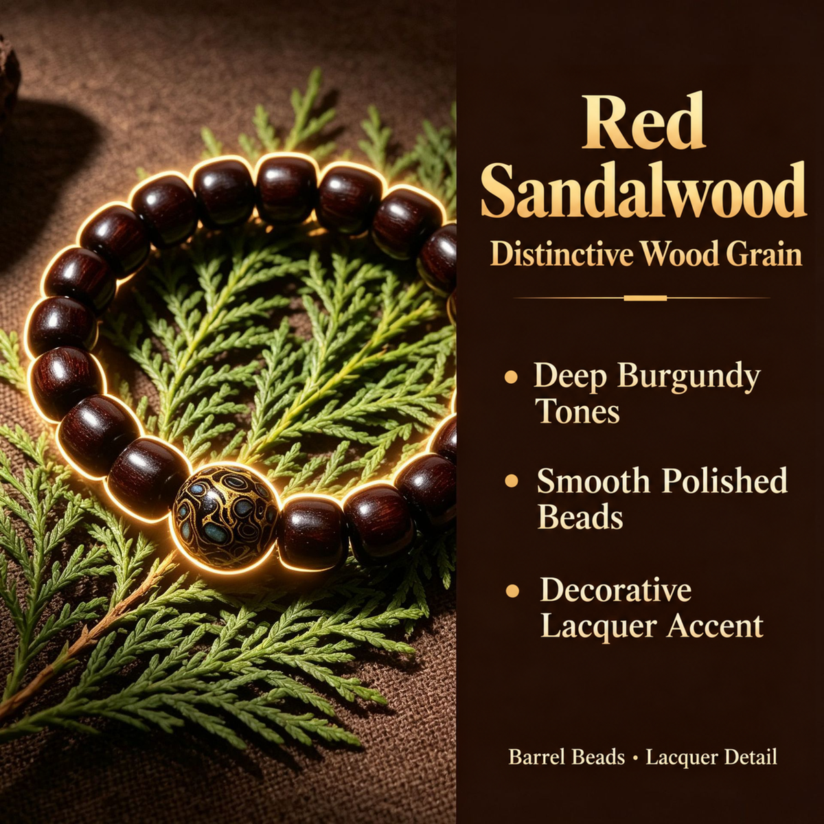 Red sandalwood and decorative lacquer bracelet details