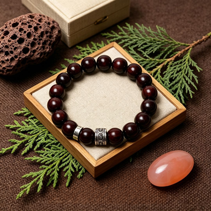 Silver-tone accent red sandalwood bracelet on a display tray