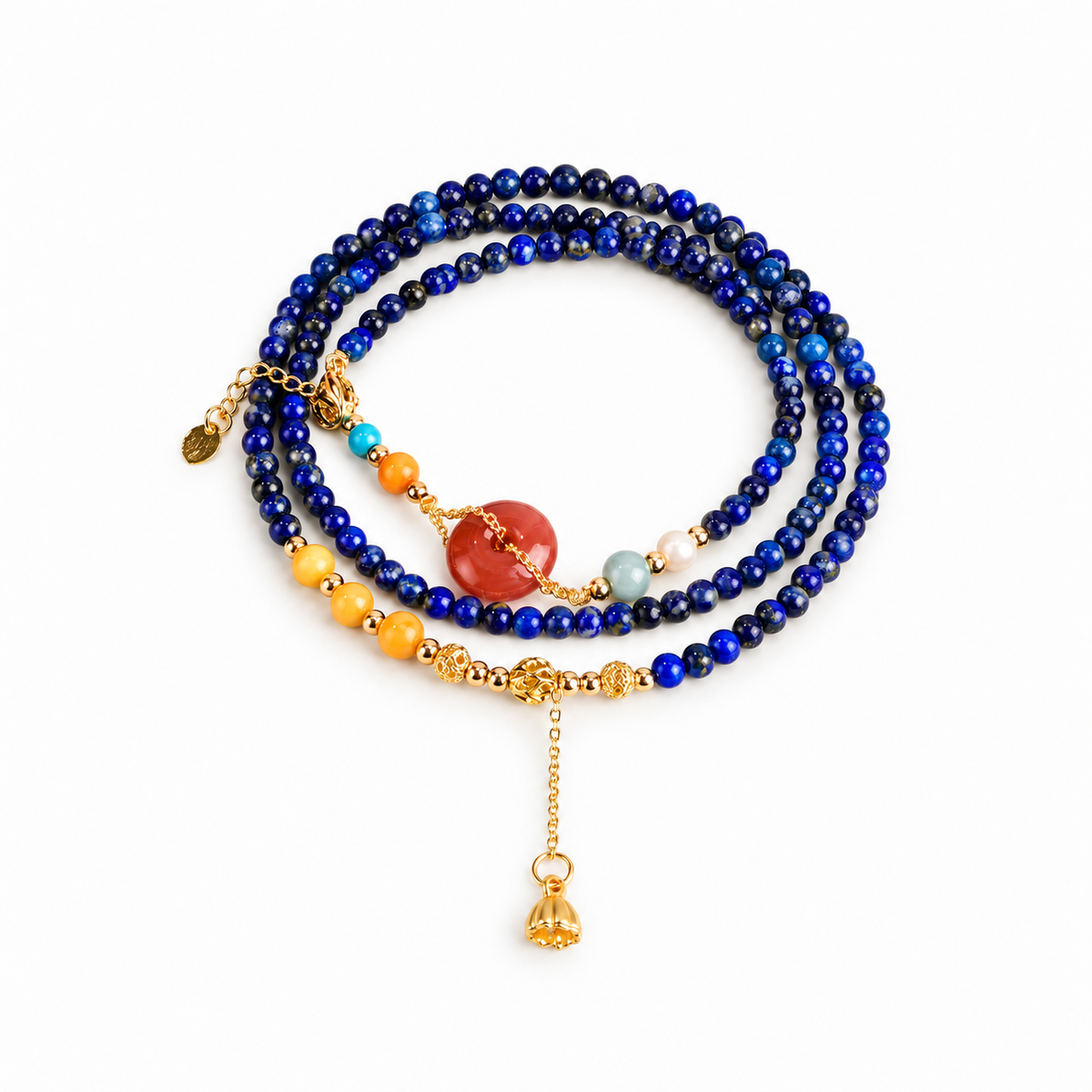 Lapis lazuli and amber convertible wrap bracelet necklace with red agate donut on white